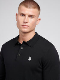 Mens Long Sleeve Knitted Polo Shirt in Black Bright White DHM