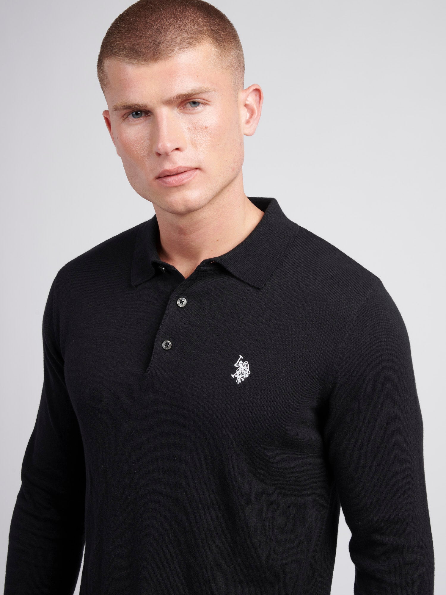 Mens Long Sleeve Knitted Polo Shirt in Black Bright White DHM