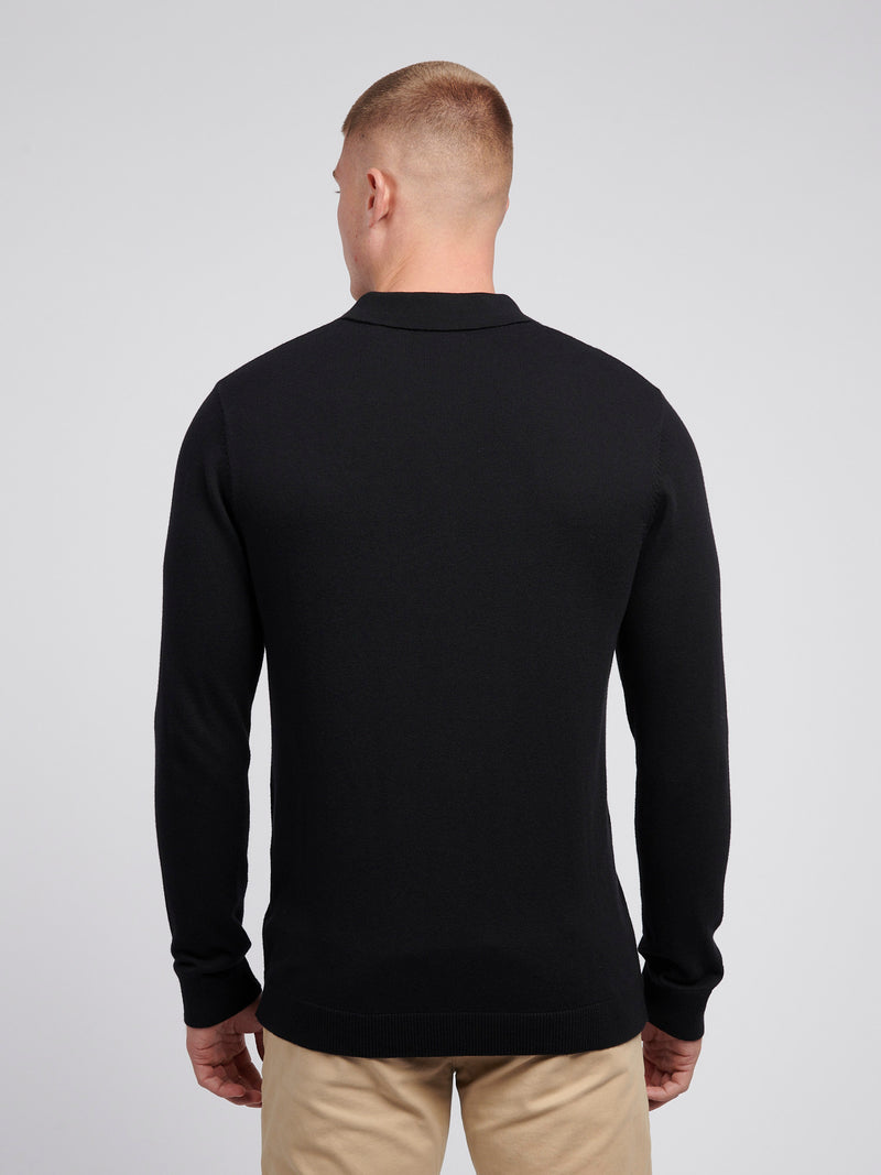 Mens Long Sleeve Knitted Polo Shirt in Black Bright White DHM