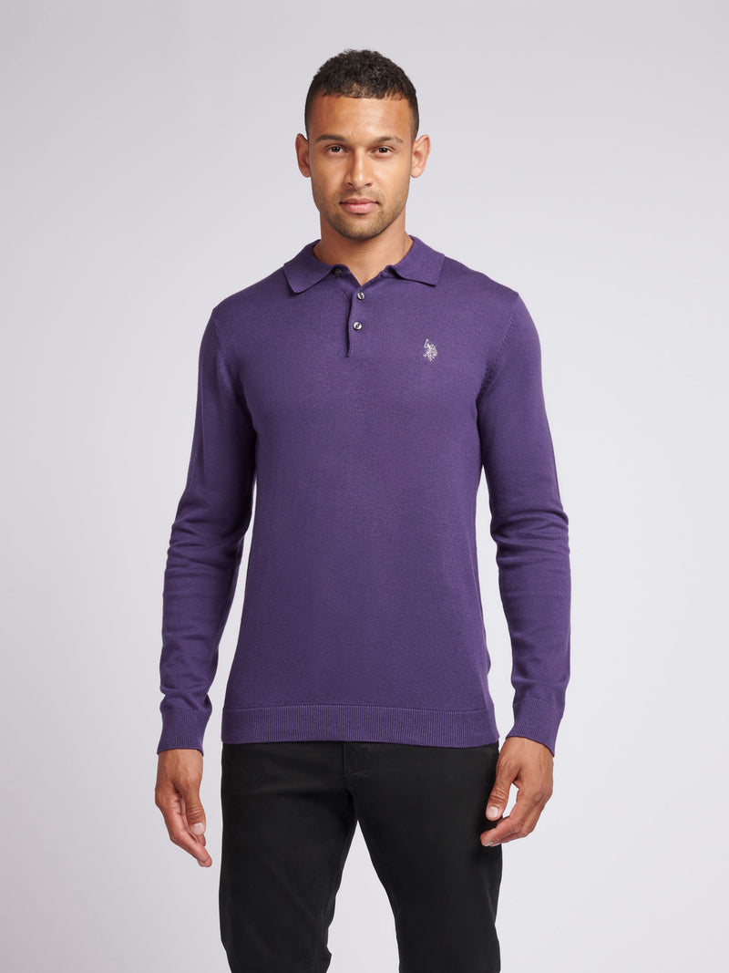 Mens Long Sleeve Knitted Polo Shirt in Purple Plumeria