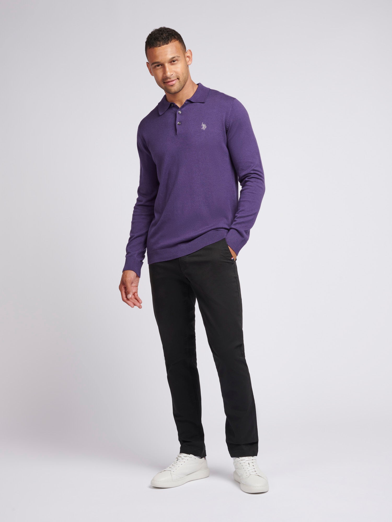 Mens Long Sleeve Knitted Polo Shirt in Purple Plumeria