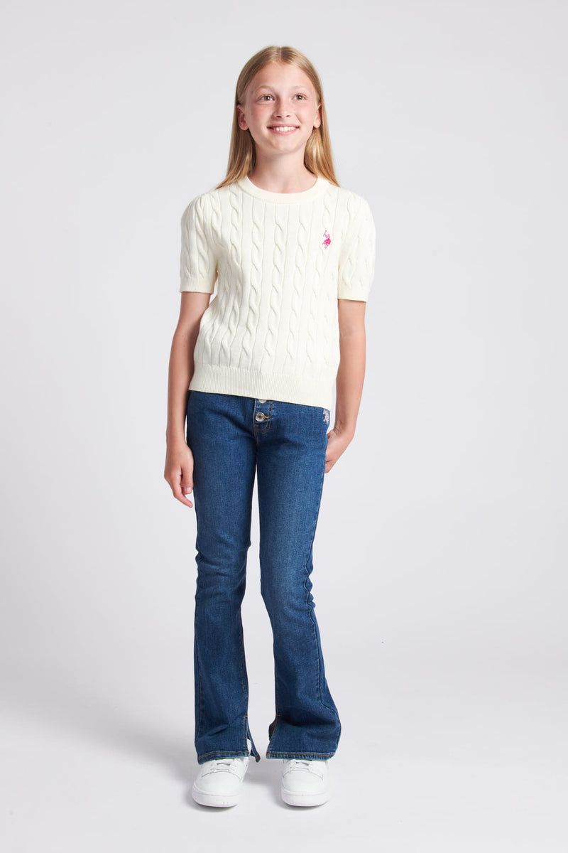 Girls Cable Knit Short Sleeve Jumper in Egret