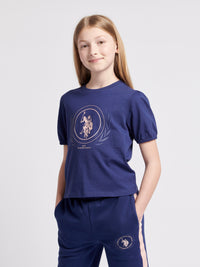 Girls Crest Puff Sleeve T-Shirt in Midnight Blue