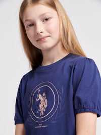 Girls Crest Puff Sleeve T-Shirt in Midnight Blue