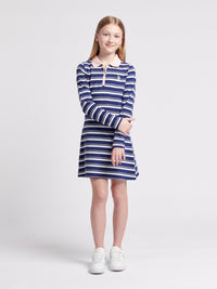 Girls Striped Long Sleeve Polo Dress in Midnight Blue