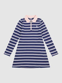 Girls Striped Long Sleeve Polo Dress in Midnight Blue