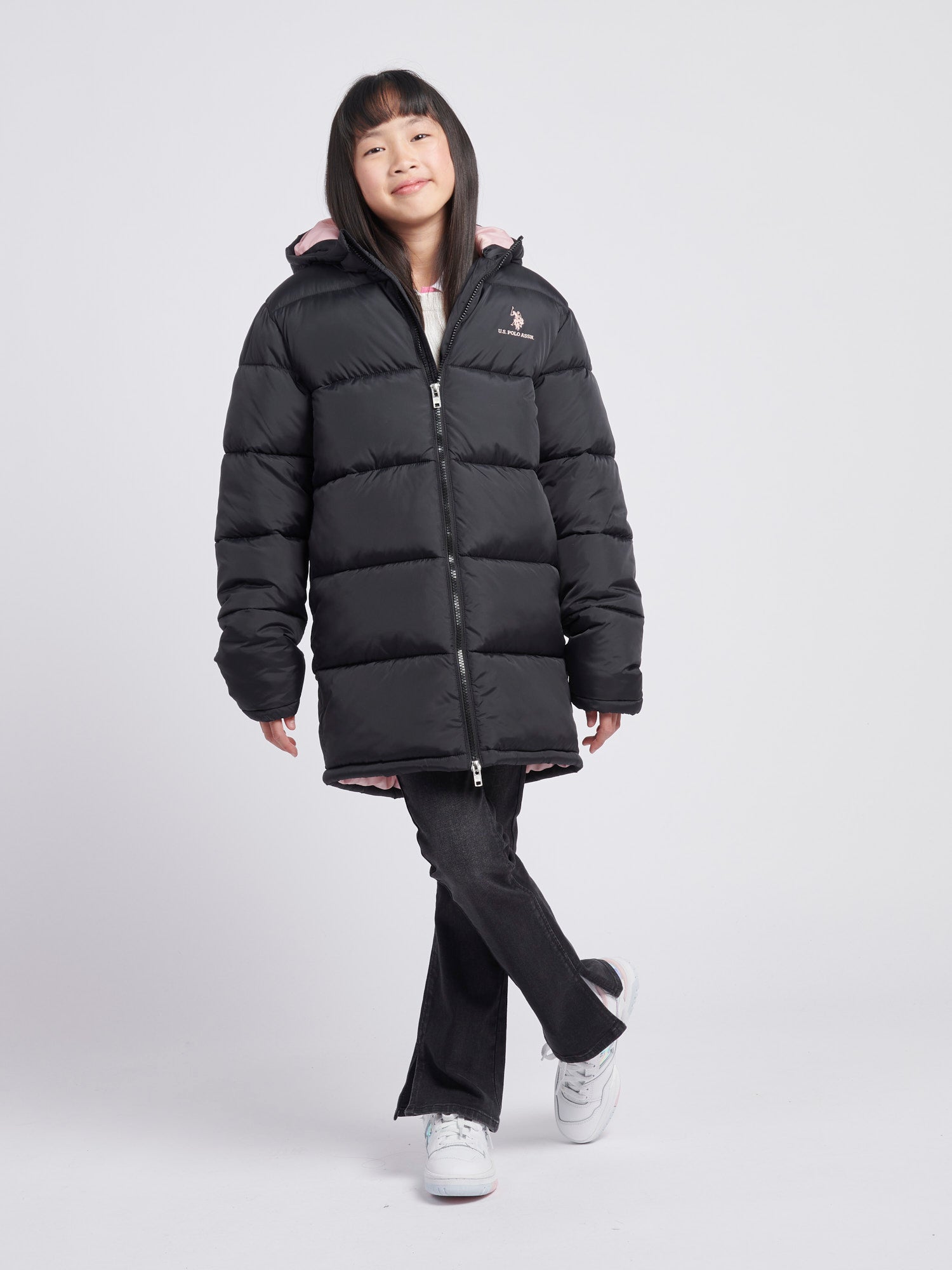 Girls Longline Puffer Jacket in Black