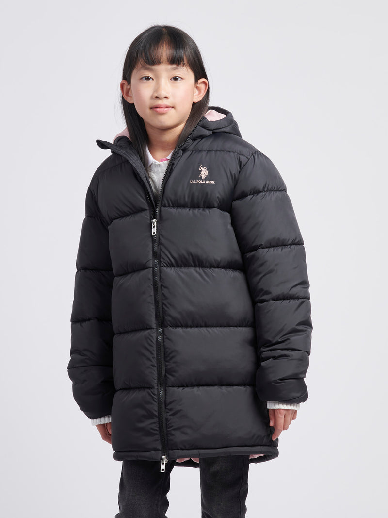 Girls Longline Puffer Jacket in Black