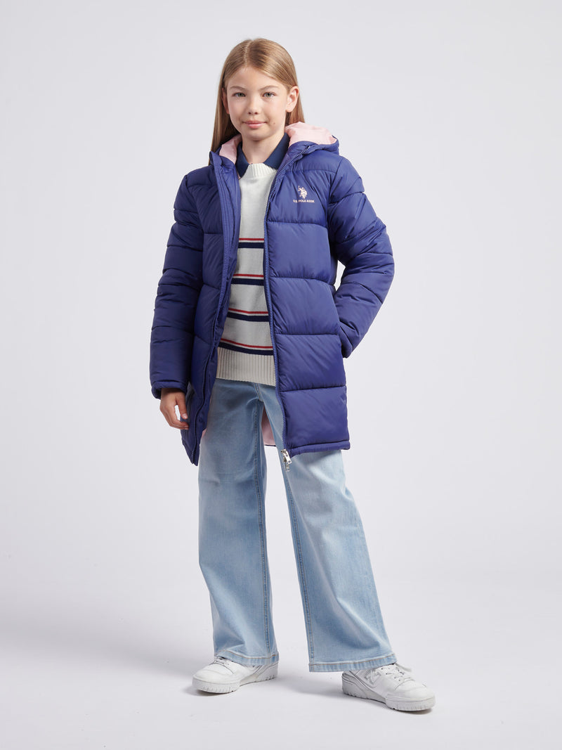 Girls Longline Puffer Jacket in Midnight Blue