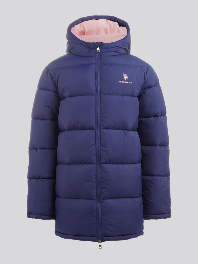 Girls Longline Puffer Jacket in Midnight Blue