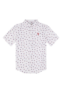 Boys Geo Print Short Sleeve Poplin Shirt in Bright White