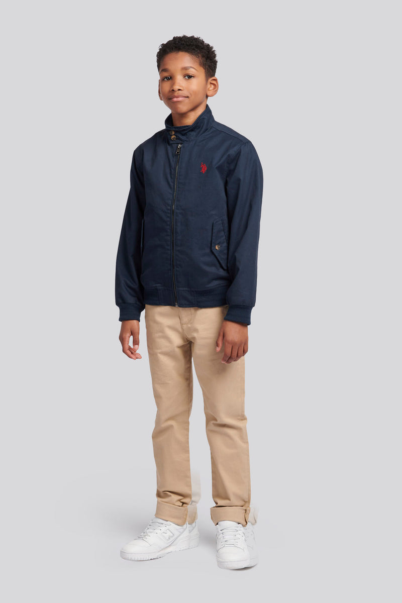 Boys Cotton Twill Harrington Jacket in Dark Sapphire Navy / Haute Red DHM