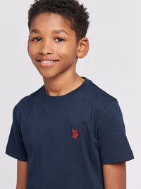 Boys Double Horsemen T-Shirt in Dark Sapphire Navy / Haute Red DHM