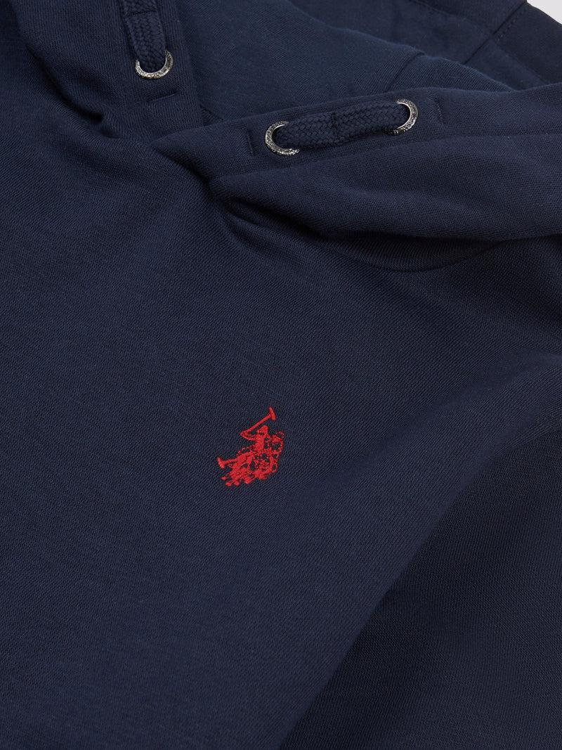 Boys Double Horsemen Brush Back Hoodie in Dark Sapphire Navy / Haute Red DHM