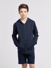 Boys Player 3 Brush Back Hoodie in Dark Sapphire Navy / Haute Red DHM