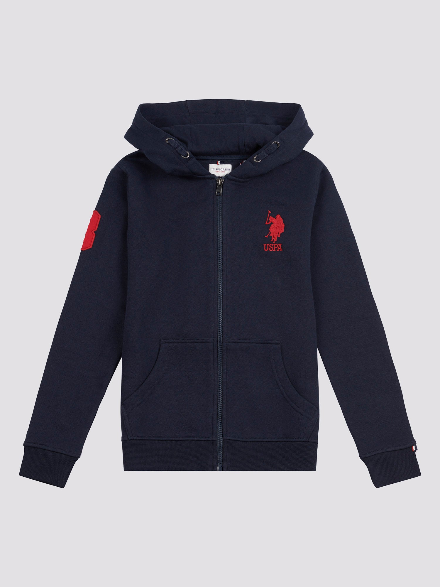 Boys Player 3 Zip Hoodie in Dark Sapphire Navy / Haute Red DHM