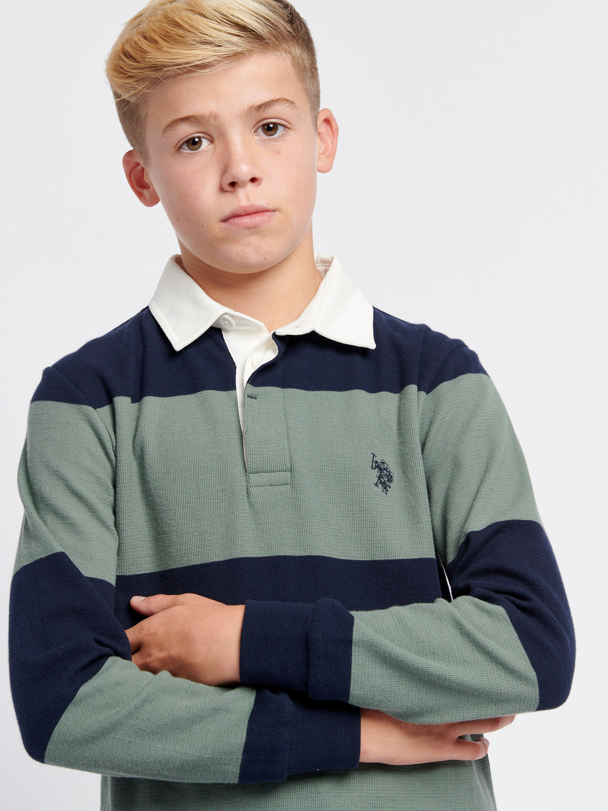 Boys Textured Stripe Rugby Shirt in Dark Sapphire Navy