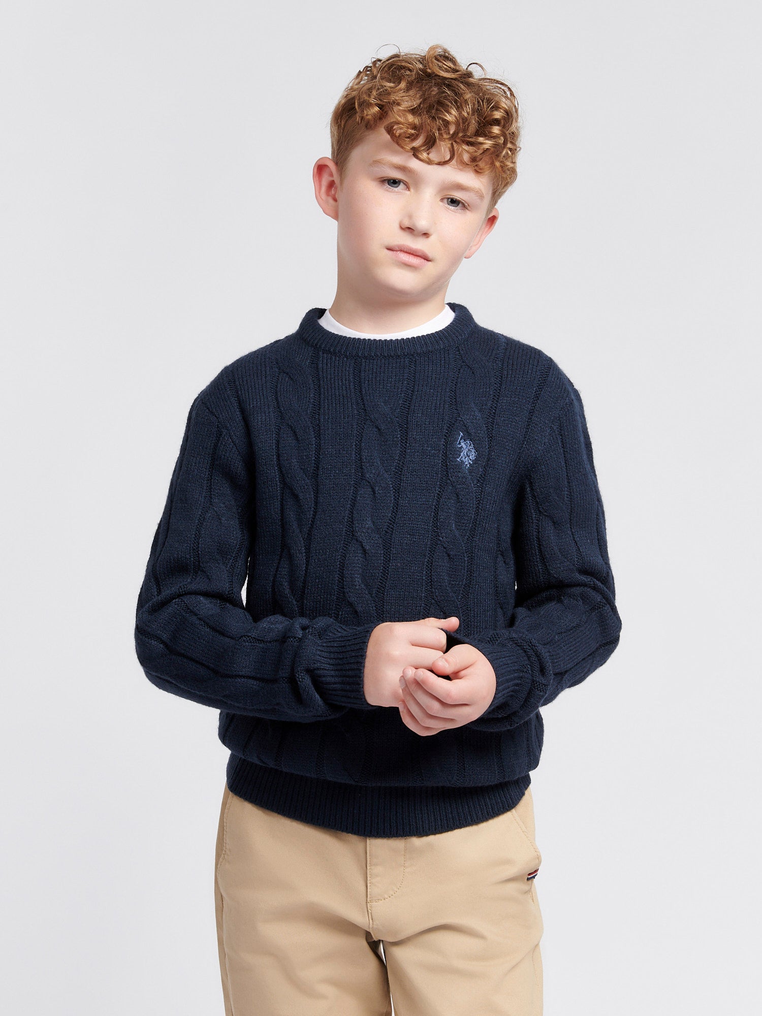 Boys Cable Knit Jumper in Dark Sapphire Navy / Moonlight Blue DHM