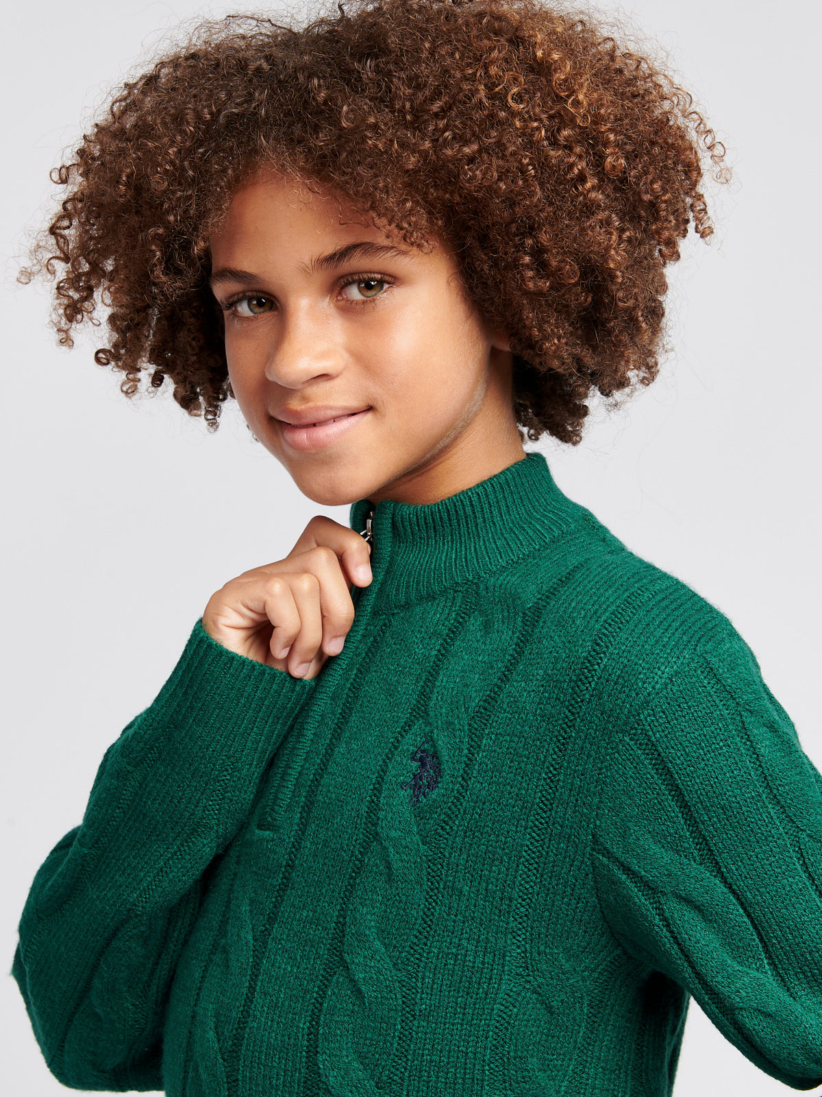 Boys Cable Knit Funnel Neck Jumper in Rain Forest