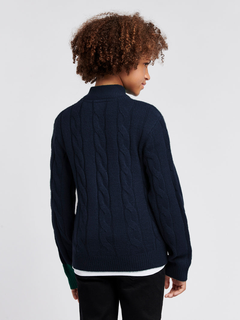 Boys Cable Knit Funnel Neck Jumper in Dark Sapphire Navy / Moonlight Blue DHM