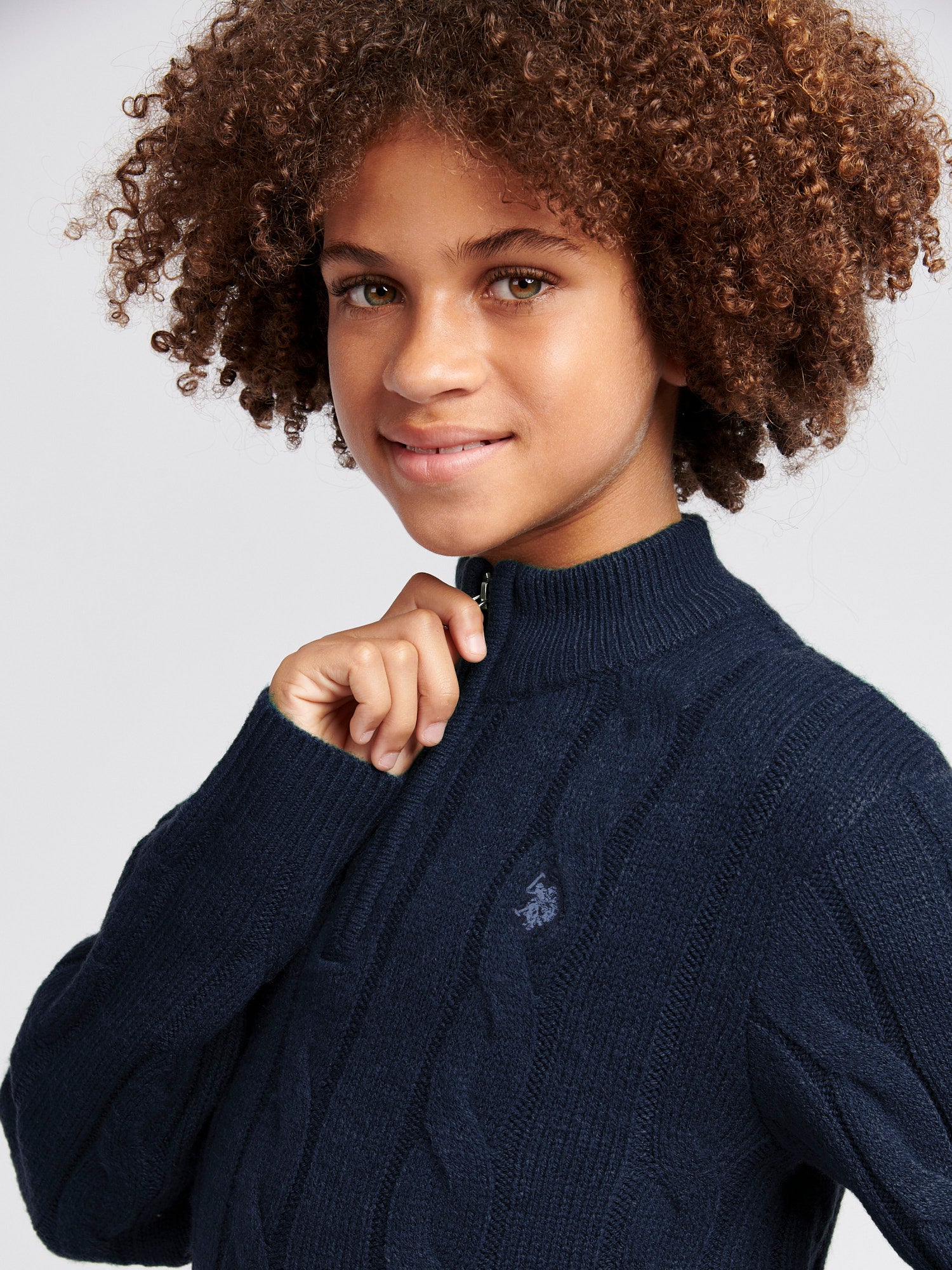 Boys Cable Knit Funnel Neck Jumper in Dark Sapphire Navy / Moonlight Blue DHM