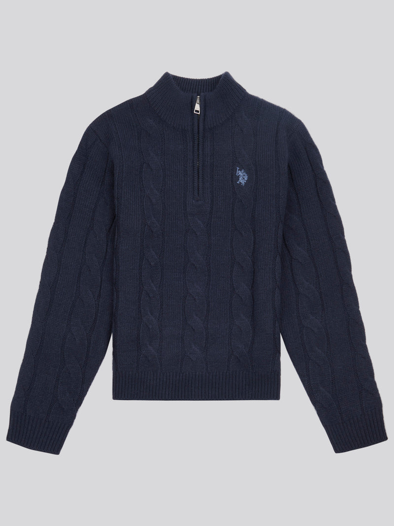 Boys Cable Knit Funnel Neck Jumper in Dark Sapphire Navy / Moonlight Blue DHM