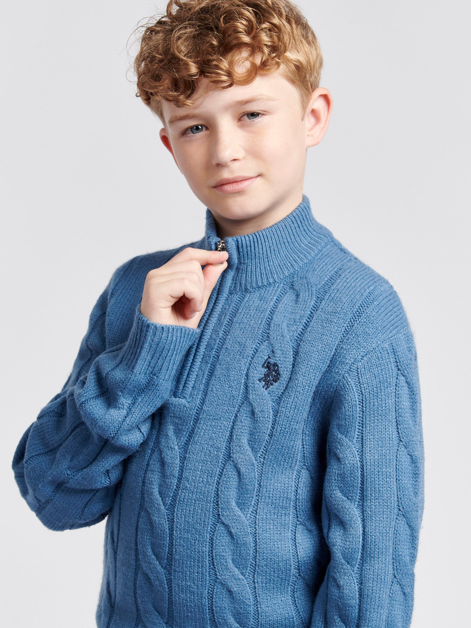 Boys Cable Knit Funnel Neck Jumper in Blue Horizon