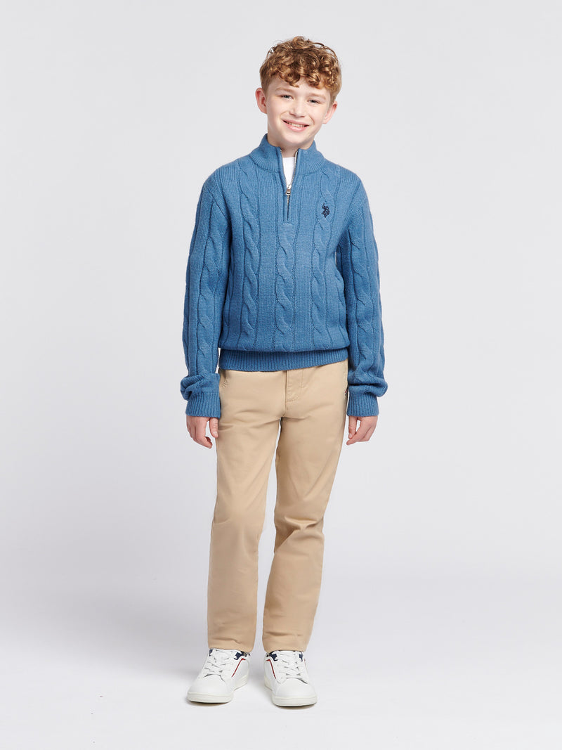 Boys Cable Knit Funnel Neck Jumper in Blue Horizon