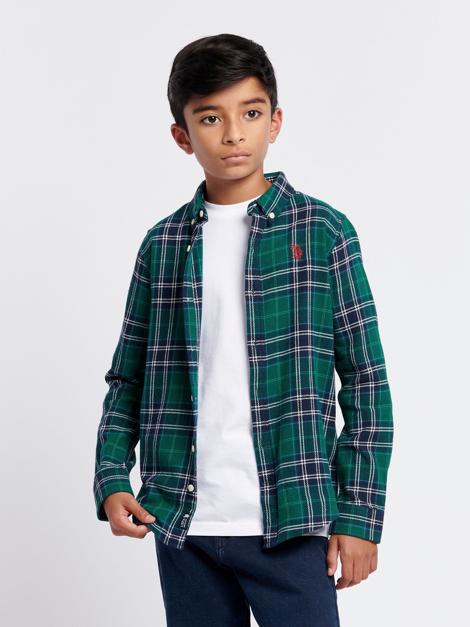 Boys Brushed Flannel Heavyweight Check Shirt in Rain Forest