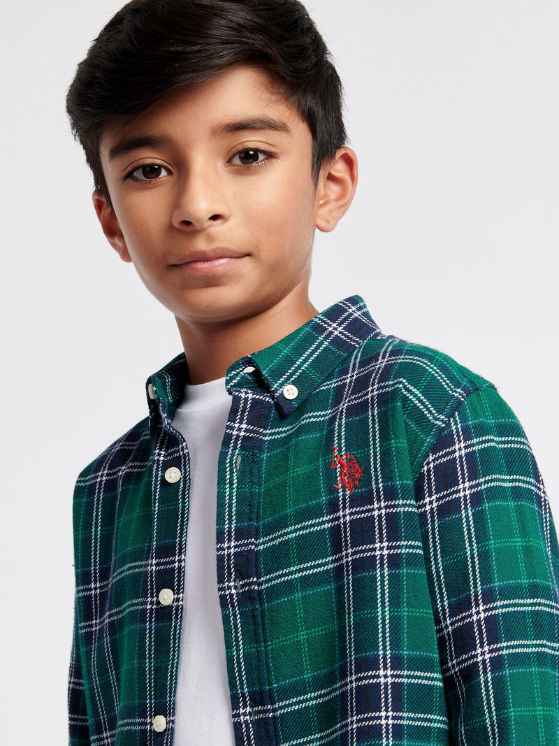 Boys Brushed Flannel Heavyweight Check Shirt in Rain Forest