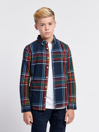 Boys Variation Check Cotton Twill Shirt in Dark Sapphire Navy