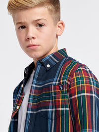 Boys Variation Check Cotton Twill Shirt in Dark Sapphire Navy