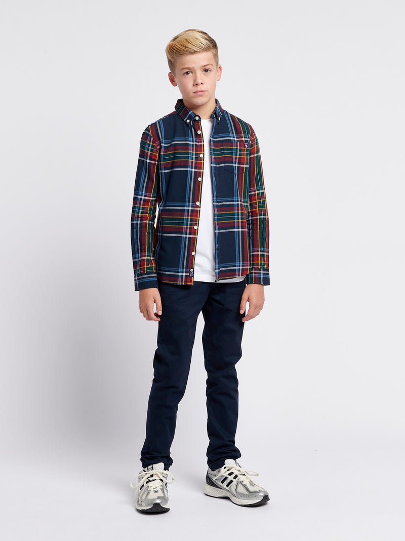 Boys Variation Check Cotton Twill Shirt in Dark Sapphire Navy