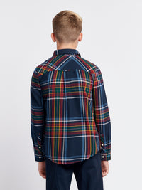 Boys Variation Check Cotton Twill Shirt in Dark Sapphire Navy