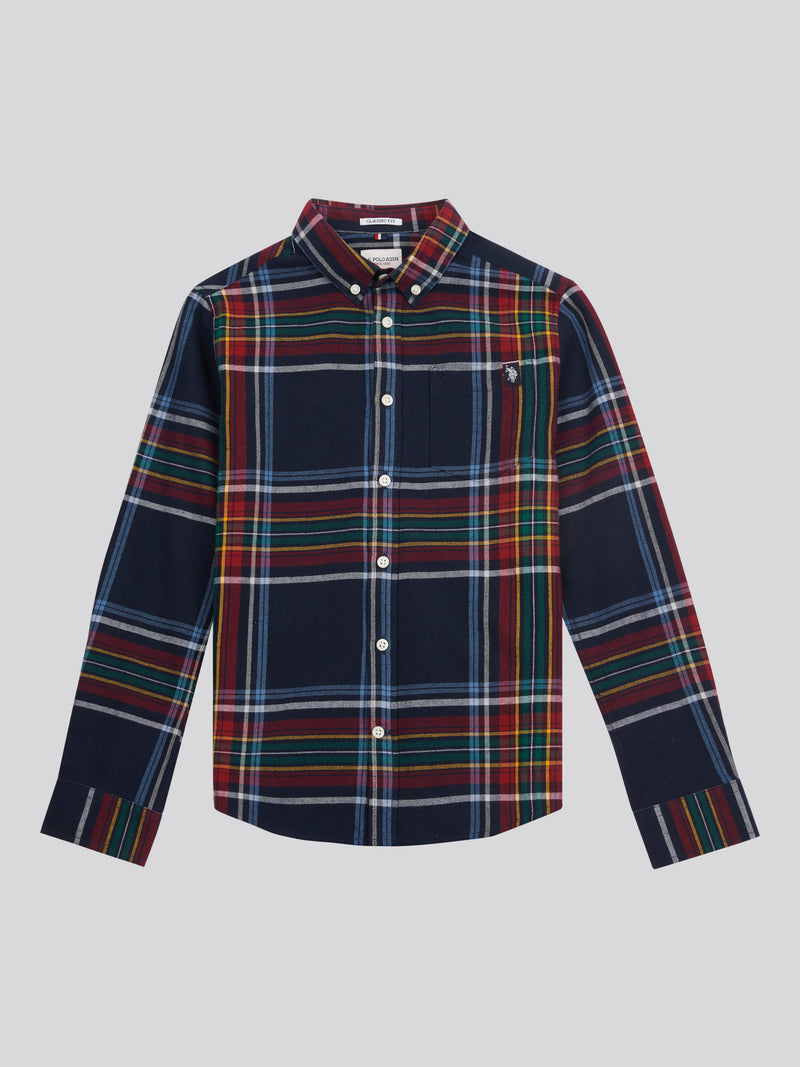 Boys Variation Check Cotton Twill Shirt in Dark Sapphire Navy