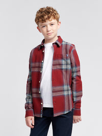 Boys Ombre Check Cotton Shirt in Tibetan Red