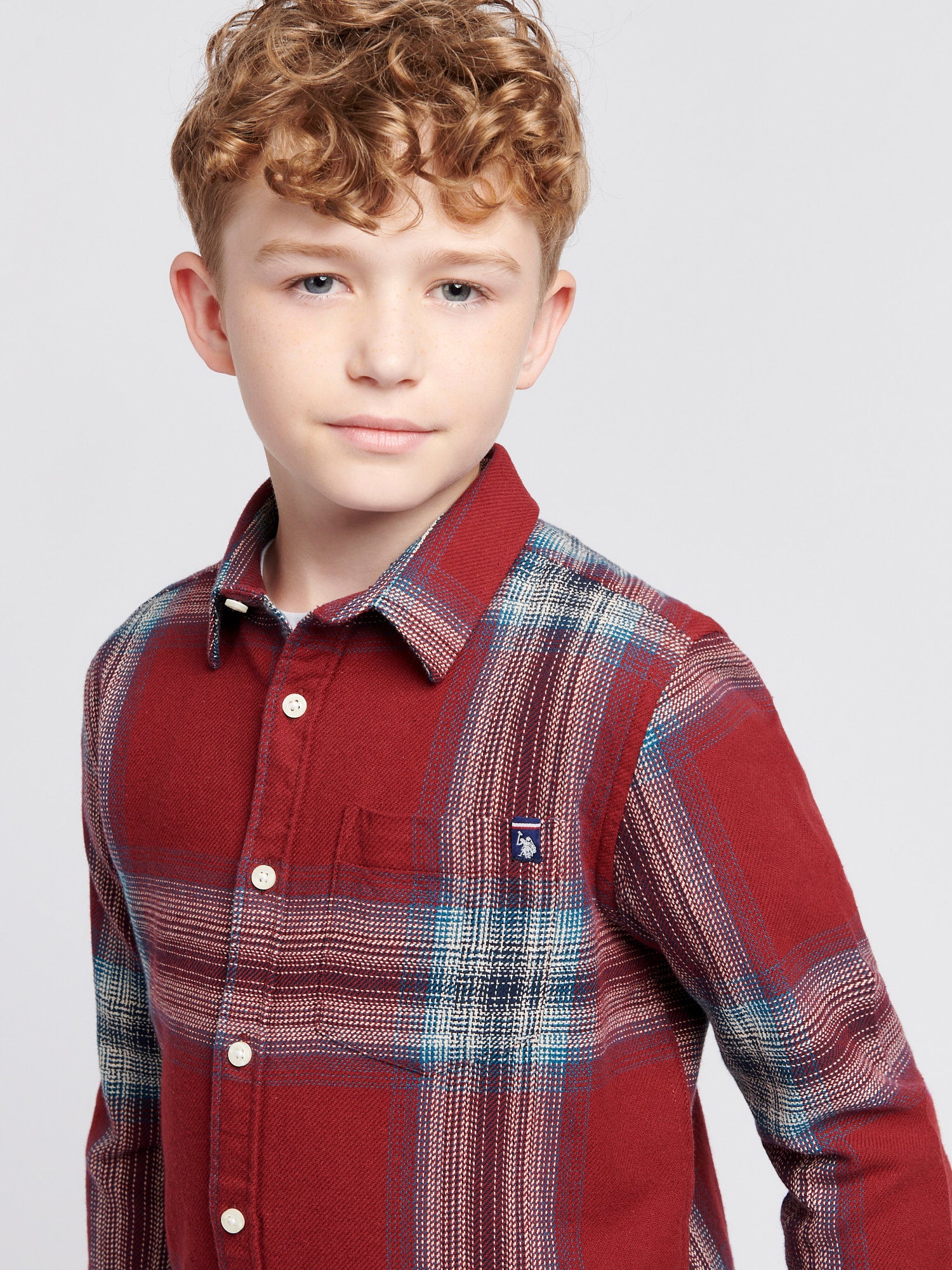 Boys Ombre Check Cotton Shirt in Tibetan Red