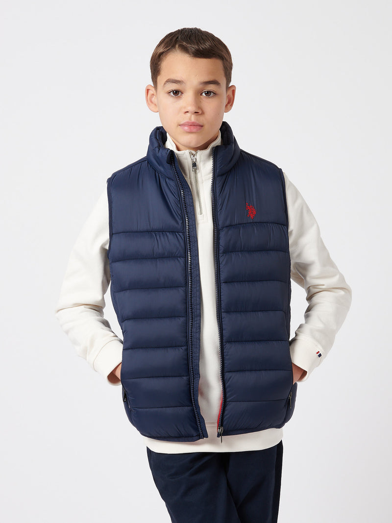 Boys Panelled Quilted Gilet in Dark Sapphire Navy / Haute Red DHM