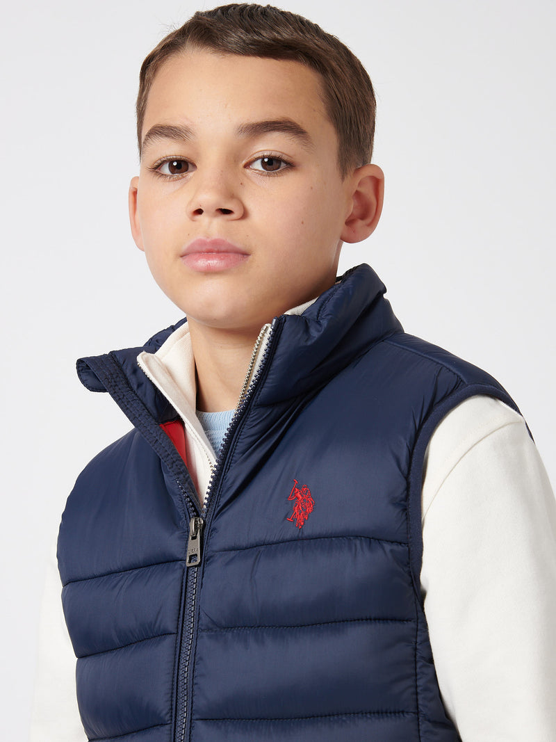 Boys Panelled Quilted Gilet in Dark Sapphire Navy / Haute Red DHM