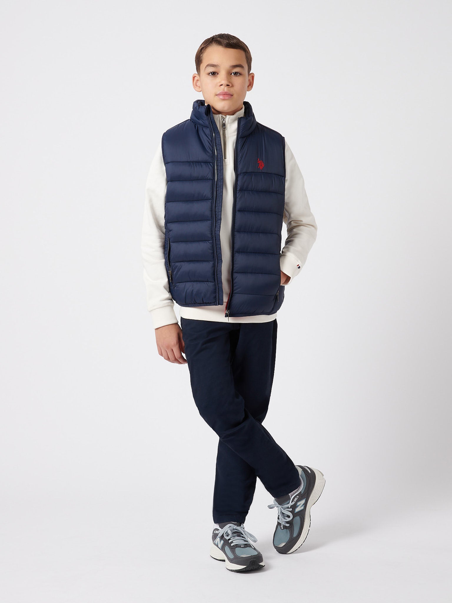 Boys Panelled Quilted Gilet in Dark Sapphire Navy / Haute Red DHM