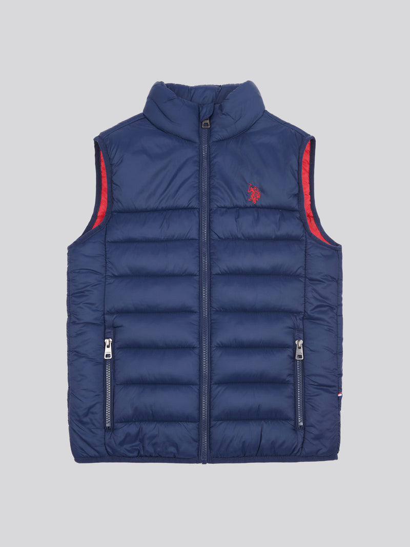 Boys Panelled Quilted Gilet in Dark Sapphire Navy / Haute Red DHM