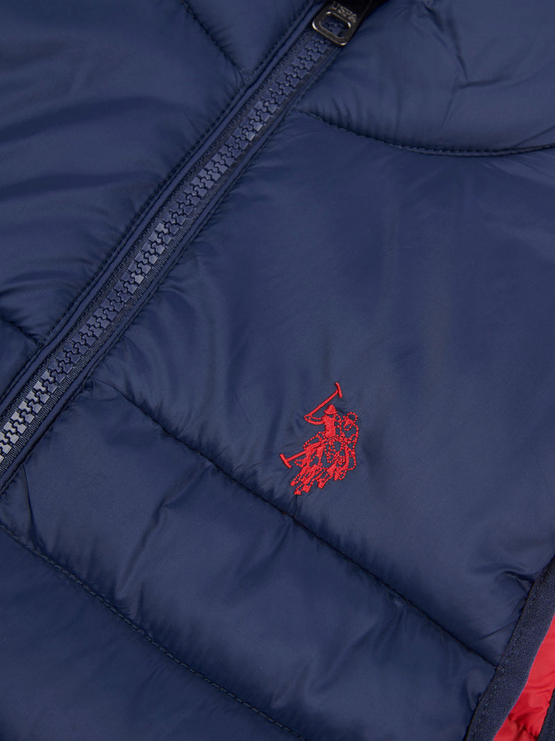 Boys Panelled Quilted Gilet in Dark Sapphire Navy / Haute Red DHM