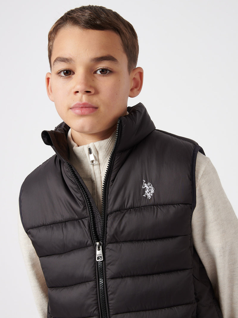 Boys Panelled Quilted Gilet in Black Bright White DHM