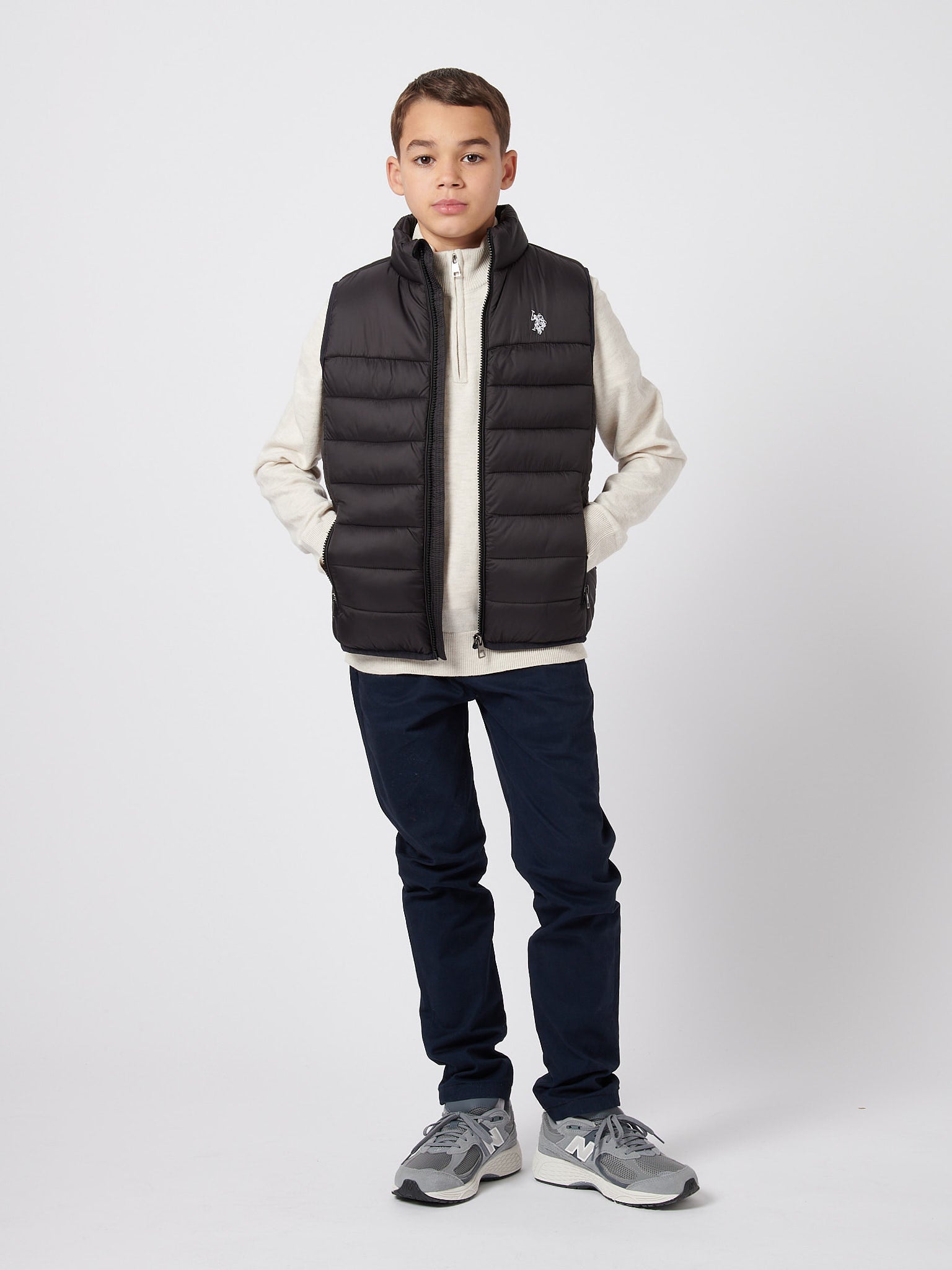 Boys Panelled Quilted Gilet in Black Bright White DHM