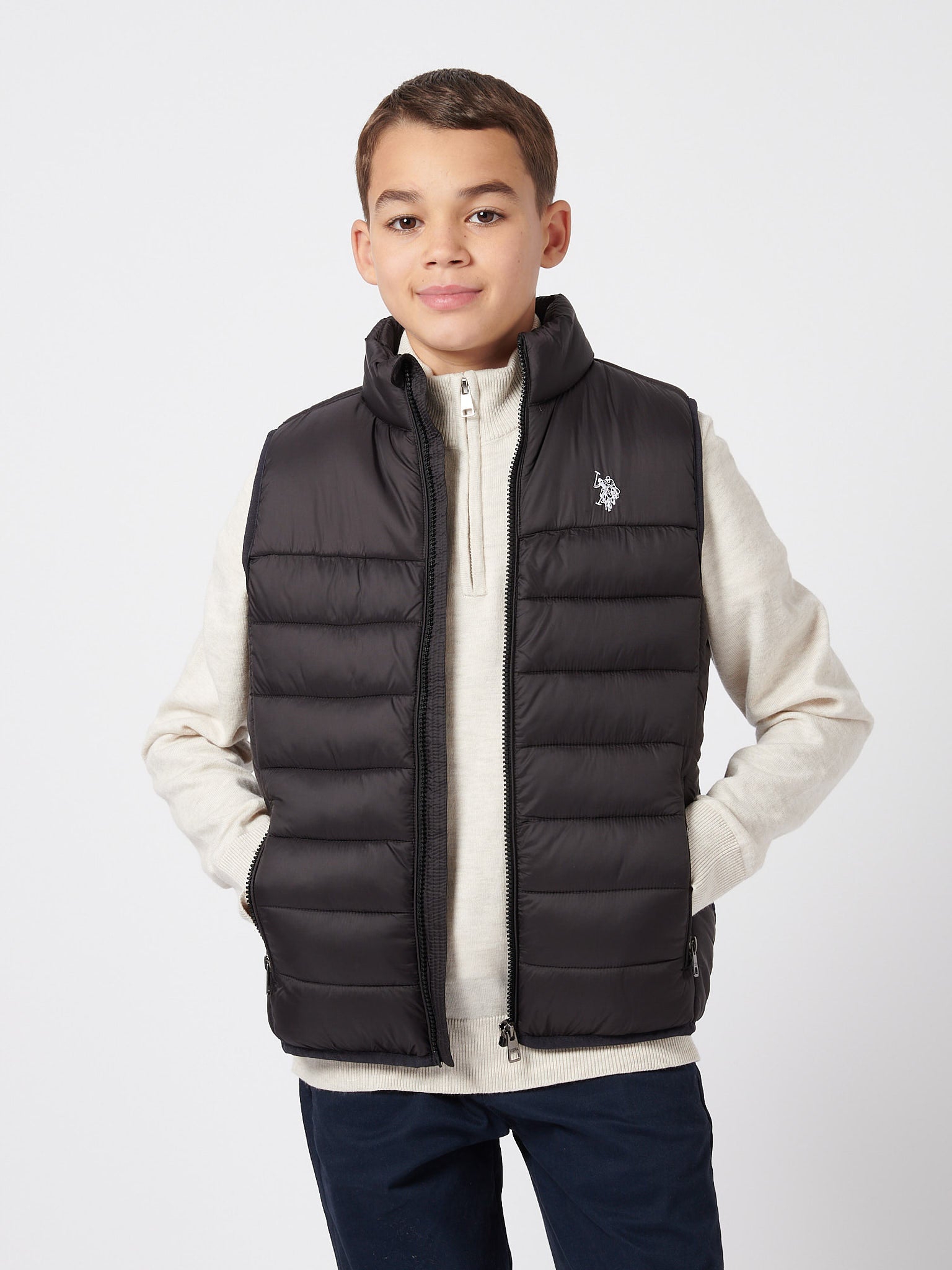 Boys Panelled Quilted Gilet in Black Bright White DHM