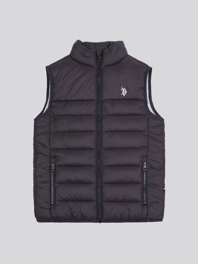 Boys Panelled Quilted Gilet in Black Bright White DHM