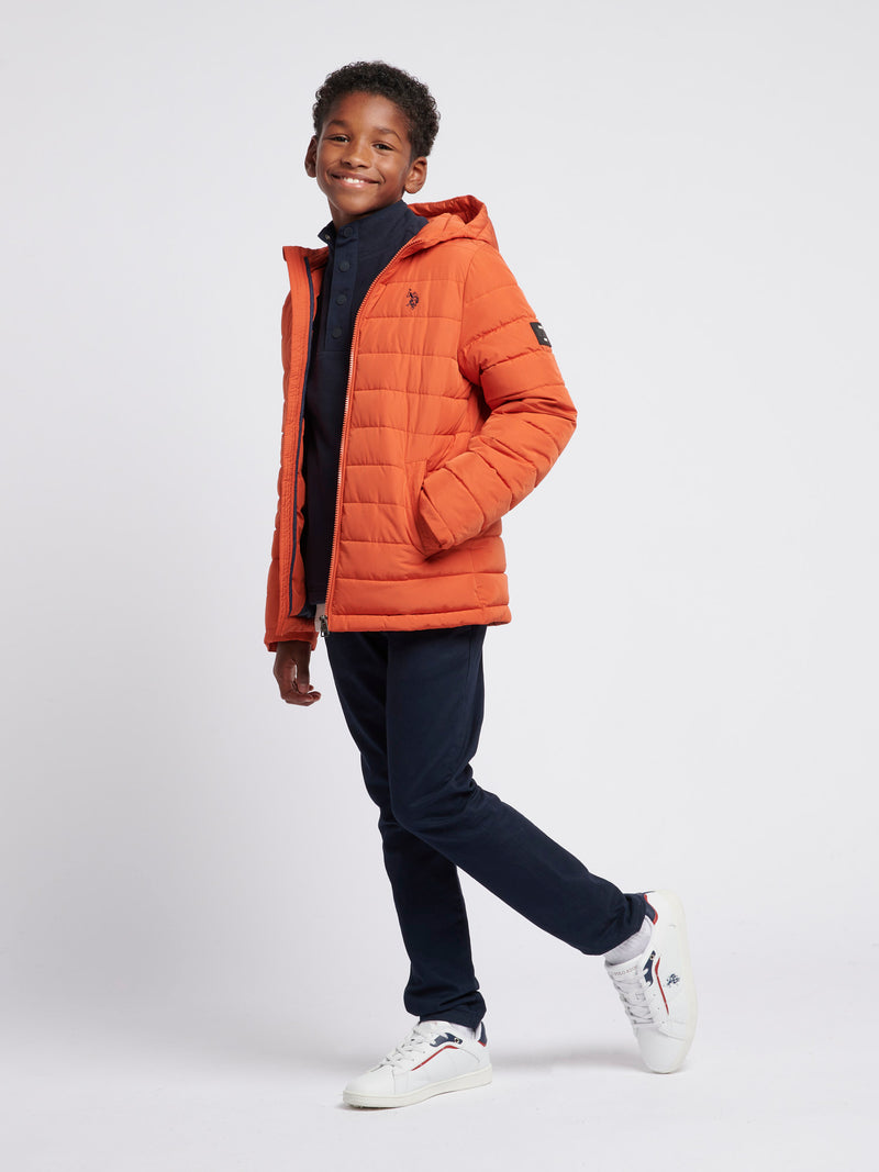 Boys Lightweight Quilt Hooded Puffer Jacket in Burnt Ochre