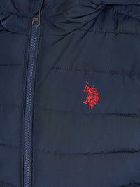 Boys Lightweight Quilt Hooded Puffer Jacket in Dark Sapphire Navy / Haute Red DHM