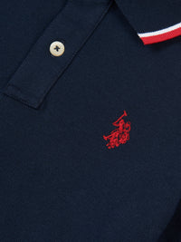 Boys Brand Stripe Pique Polo Shirt in Dark Sapphire Navy