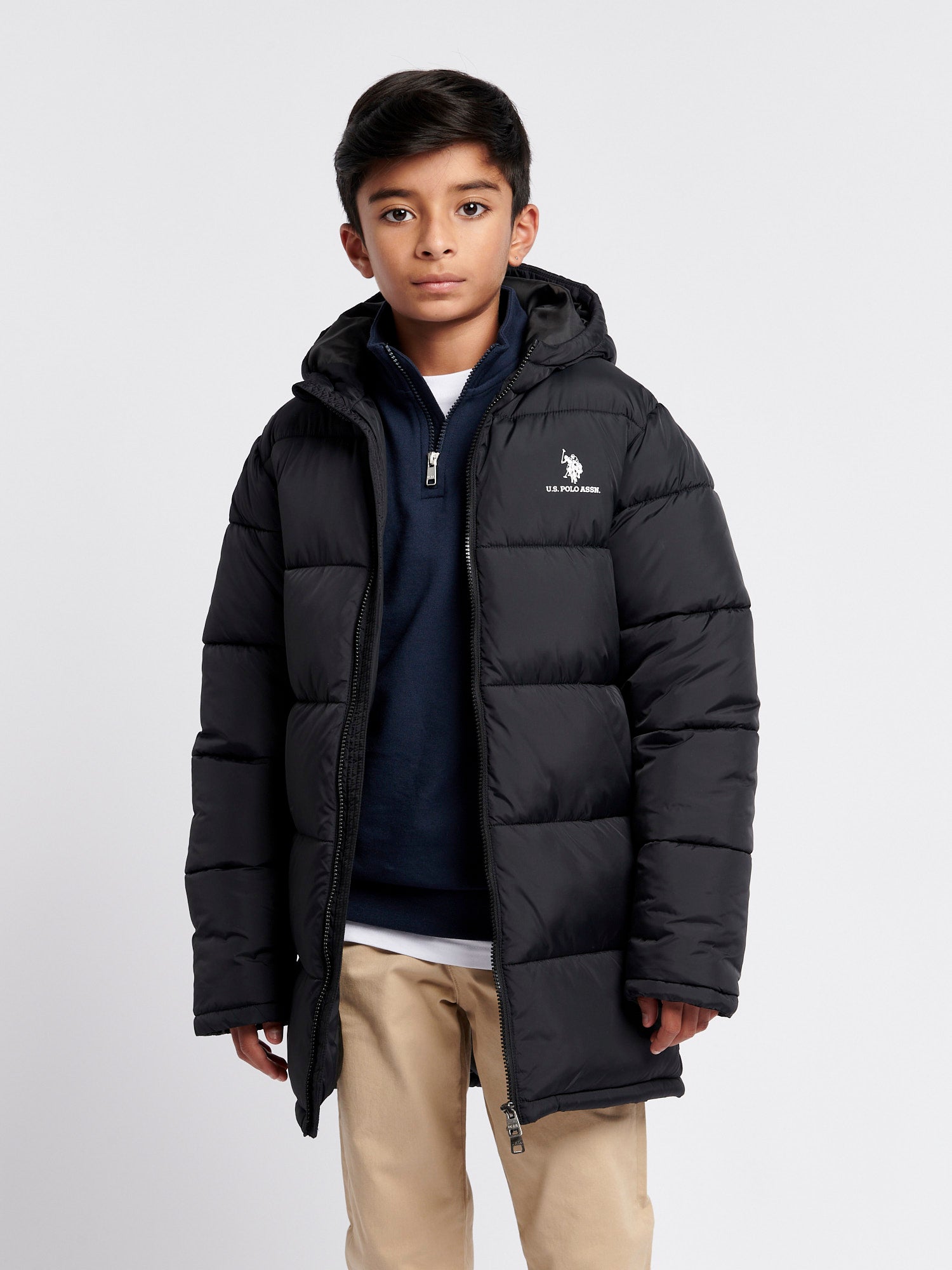 Boys Longline Puffer Jacket in Black U.S. Polo Assn. UK